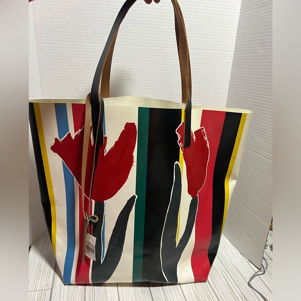 Marni Fosteriana Striped Floral PVC Shopper Tote with tags